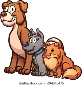 Big, medium and small size cartoon dogs sitting.  Vector clip art illustration with simple gradients. Each on a separate layer. 