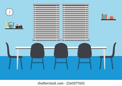 Big meeting room with big table, chairs, vector illustration