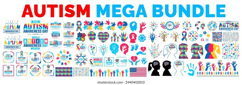 big mega bundle of Autism Awareness Day social media post banner, autism text design, pattern background, puzzle piece, kids raising hand, child hand, ribbon, love icon, child girl, child boy, vector.