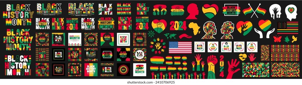 big mega bundle set of African American history or Black History Month elements. love, banner, social media post banner, map, flag, text, African man, typography, hand raised, Juneteenth, Kwanzaa.