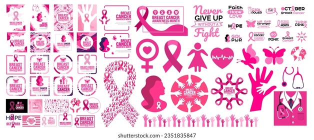 big mega bundle set of breast cancer awareness month elements. social media post, typography, ribbon,  women, girl,  world map, butterfly,  use to background, book cover, banner, placard, card, poster