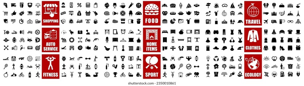 Iconos del conjunto de grandes mega colecciones: compras, deportes, decoración de la casa, autoservicio, deporte, alimentación, fitness, viajes, ropa, ecología - vector stock