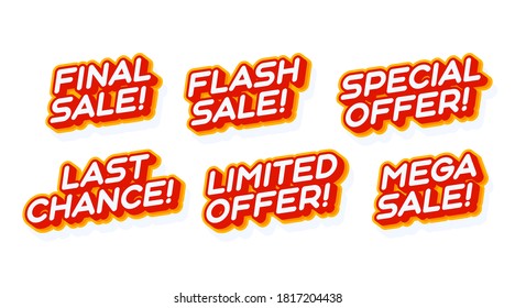 Big mega Sale, special offer set red and yellow text effect template with 3d type style and retro concept isolated on white background vector illustration.