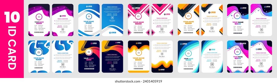 big mega Set of 10 corporate Modern office Identity Card or elegant business company id card design template. double sided business Company employee  id card design template bundle.