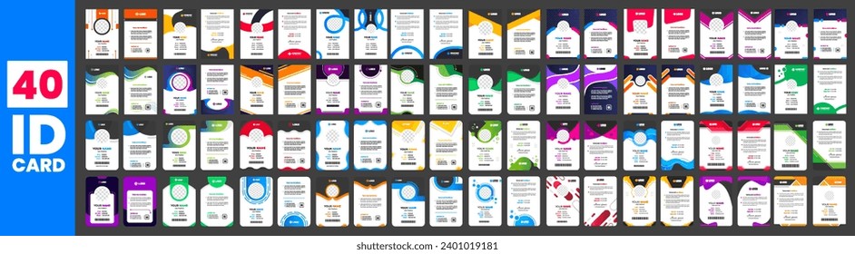 gran mega conjunto de 40 plantilla de diseño de tarjetas de identificación corporativa de la colección. paquete de tarjetas de identificación comercial con forma única. paquete de tarjetas de identificación. 40 artículo Plantilla de juego de tarjetas de identificación de empleado de la empresa.