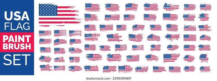 big mega set of Grunge US Flag ink brush stroke effect or United States of America flag with watercolor paint brush strokes texture design. USA flag paint brush texture big mega bundle.