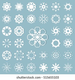 Big mega set of round design elements. Mandala ornaments, logo icon label emblem, business symbols collection. Stylized flowers or snowflakes. Isolated geometric shapes, New Year, Christmas decoration