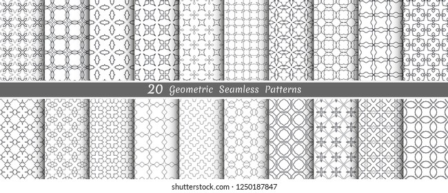 Big mega set of seamless monochrome geometric patterns, line backgrounds collection. Endless repeating linear texture for wallpaper, packaging, banners, invitations, business cards, fabric print