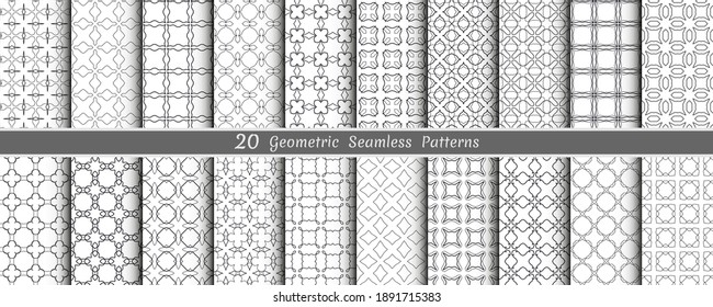 Big mega set of seamless monochrome geometric patterns, line backgrounds collection. Endless repeating linear texture for wallpaper, packaging, banners, invitations, business cards, fabric print