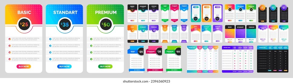 big mega Set of UI UX app pricing chart table Subscription design or website Pricing chart table design template. Product Plan Offer Price Package Subscription Comparison Chart Infographic bundle.