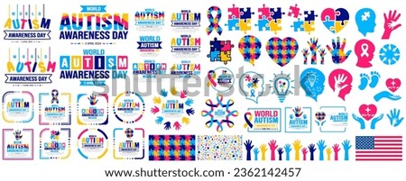 big mega set of World autism awareness day puzzle pieces, typography, sticker, puzzle pieces love, ribbon, people raising hands, autism baby head,  social media post banner, background, banner bundle.
