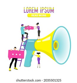 El concepto de marketing publicitario de personajes grandes de megáfono y de gente plana. ilustración vectorial.