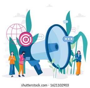 Big Megaphone and People Characters Advertisement Marketing Concept. Vector illustration for web banner, infographics, Business Advertising Promotion. Loudspeaker. Announcement business communication,