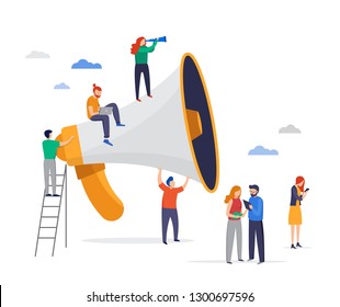 Big megaphone with a small people, teamwork. Business promotion, attention, advertising, online alerting. Vector flat style illustration.