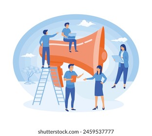 Big megaphone with a small people, teamwork. Business promotion, attention, advertising, online alerting. flat vector modern illustration 