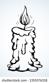 Big melt shape paraffin object on paper space for text. Outline dark ink hand drawn warm cathedral glare logo emblem pictogram banner design in art historic doodle engraved style. Closeup macro view