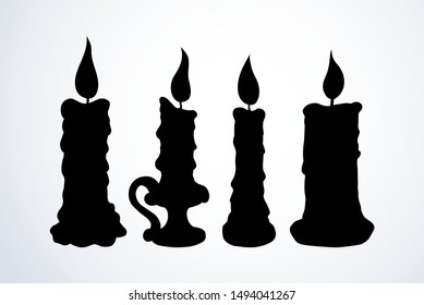 Big melt shape paraffin object set on paper space for text. Dark ink hand drawn warm cathedral glare logo emblem pictogram banner design in art historic contour engrave print style. Closeup macro view