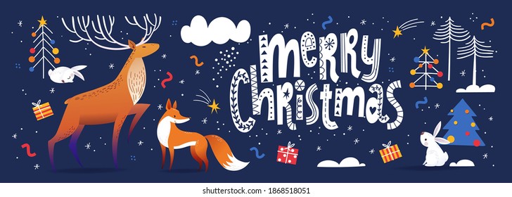 Big Merry Christmas banner with deer and other animals. Card, poster or highlight cover with nordic decorative lettering in scandic style and cute animals Cool decorative Christmas winter design