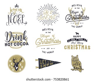 Big Merry Christmas typography quotes, wishes bundle. Sunbursts, ribbon and xmas noel elements, icons. New Year lettering, sayings, vintage labels, Seasonal greetings calligraphy. Stock vector isolate