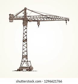 Big metal jib erection height build winch stand on white sky. Lifter job cabin logo. Line black ink hand drawn wire built weight in art retro doodle sketch cartoon style pen on paper space for text
