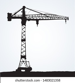 Big metal jib erection height build winch stand on light evening sky. Lifter job cabin logo emblem. Line black ink hand drawn wire wall built weight in art retro sketch print style on paper text space