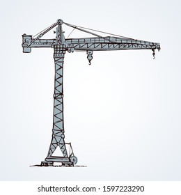 Big metal jib erection height build winch stand on white sky. Lifter job cabin logo. Line black ink hand drawn wire built weight picture emblem design in art retro doodle style pen on paper text space