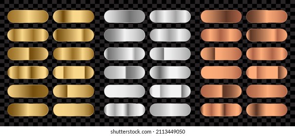 Gran paquete de metal. Colección de gradientes de oro, plata y bronce para el diseño. Gradientes vectoriales ajustados. Ilustración del vector