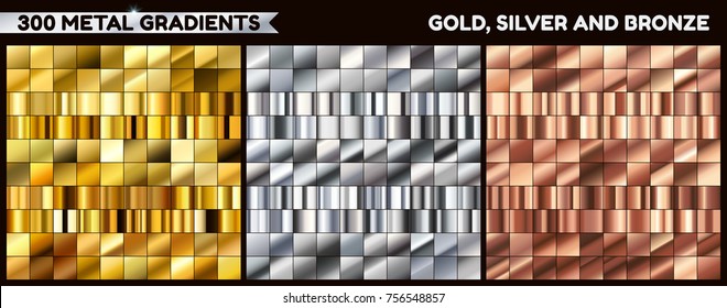 Big metal pack. Collection of  gold, silver and bronze gradient for design. Vector  gradients set.