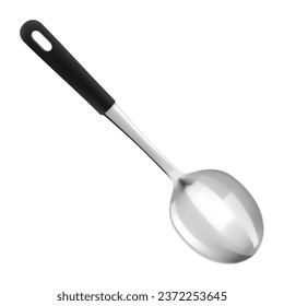 Big metal spoon with black handle, isolated on white background. Realistic 3D vector illustration. Kitchen utensils for for cooking, tableware.