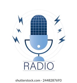 Big microphone with audio waves and lightnings. Entertainment, music show. Radio station logo, sign or banner template. Flat Vector illustration