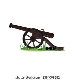 A big military cannon on a grass with three bullets ready to load and fire vector color drawing or illustration