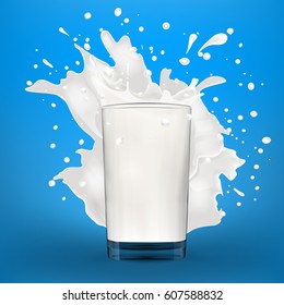 Big milk splash behind of full glass of milk with lot of droplets, vector realistic illustration