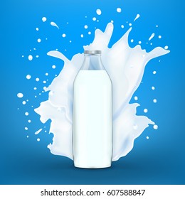 Big milk splash behind of full transparent bottle of milk with lot of droplets, vector realistic illustration