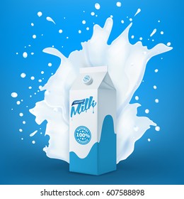 Big milk splash behind of full packaging carton box with lot of droplets, vector realistic illustration