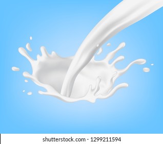 Big milk splash and pouring vector realistic illustration isolated on blue background vector illustration