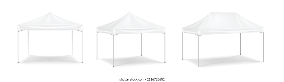 Big mobile marquee set for trade show, weddings and events. Promotional outdoor event pop up white tent. Realistic d mockup, template isolated on white background. Vector illustration