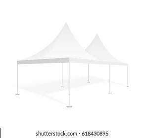 Big mobile marquee for trade show, weddings and events. Promotional outdoor event pop-up white tent. Realistic 3D mockup, template for your design, isolated on background.  Product advertising vector.