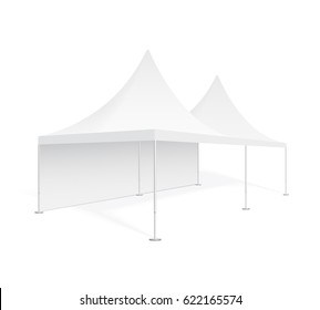 Big mobile marquee for trade show, weddings and events. Promotional outdoor event pop-up white tent. Realistic 3D mockup, template for your design, isolated on background.  Product advertising vector.