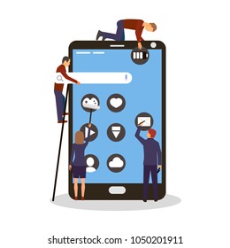 Big mobile phone with apps and little people, vector illustration