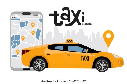 Big mobile phone with map and downtown on background, online ordering taxi service concept. Side view of yellow vehicle. Mobile app for renting taxi online. Vector flat cartoon illustration