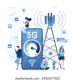 Big mobile phone, various people surfing in web online, 5G communication tower. Fast speed internet connection. Young adults with smartphones using wireless internet. Network technology. Flat vector