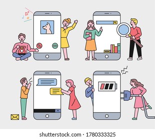 Big mobile screen and small, cute people around. flat design style minimal vector illustration.