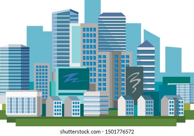 Big modern city in the afternoon. Day. Skyscrapers Blue distance, horizon. City streets. A city for a happy life, successful work, profitable business. Blue design. Vector illustration. Background.
