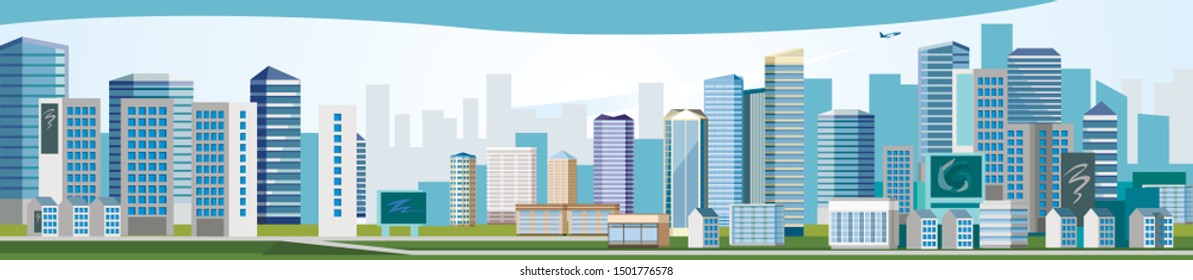 Big modern city in the afternoon. Day. Skyscrapers Blue distance, horizon. City streets. A city for a happy life, successful work, profitable business. Blue design. Vector illustration. Background.