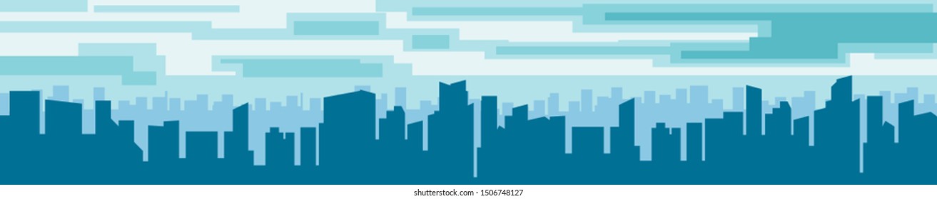 Big modern city. Day. City silhouette. Horizon. Background. Vector illustration. Skyscrapers Large buildings and offices. Business centers, apartments, hotels. Blue design. Sky. City skyline. Streets.