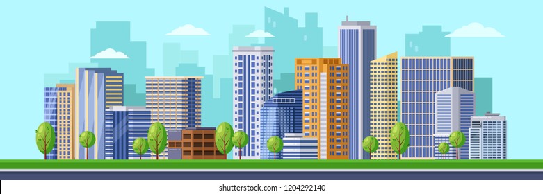 Big modern city illustration. Vector cityscape background. Urban buildings, skyscrapers of the business downtown district.