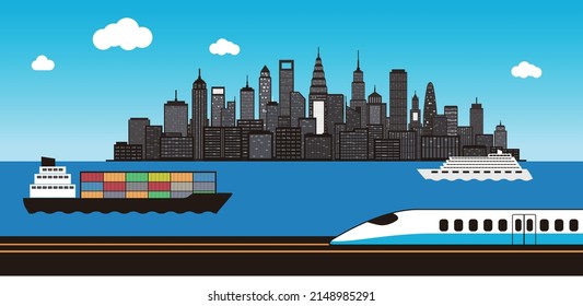 Big Modern City Near The Sea With Cargo Container, Liner And Hight-speed Train, Business Background