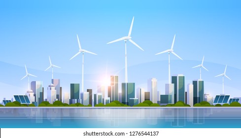 big modern city skyscraper view cityscape wind turbine solar battery renewable energy source concept flat horizontal