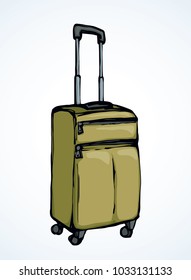 Big modern closed carry trunk box sac on white airport backdrop. Vibrant yellow airplane Suit case holdall carryall. Bright orange color hand drawn logo emblem sketch in retro art doodle style with sp