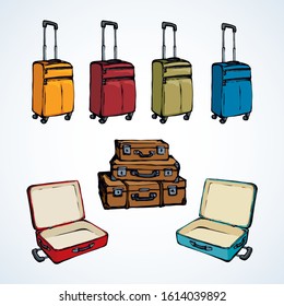 Big modern closed trunk box sac set on airport backdrop. Vibrant multi color empty airplane Suit case holdall carryall. Bright hand drawn logo emblem concept sketch in retro art doodle print style